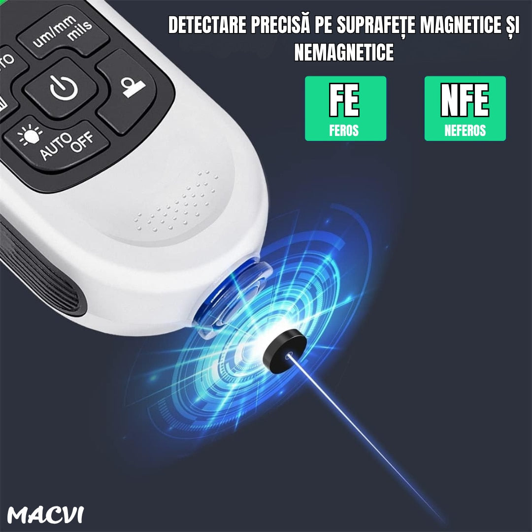 Tester profesional MACVI pentru masurarea grosimii vopselei auto, ABS, alb, sonda de inalta sensibilitate, afisaj digital