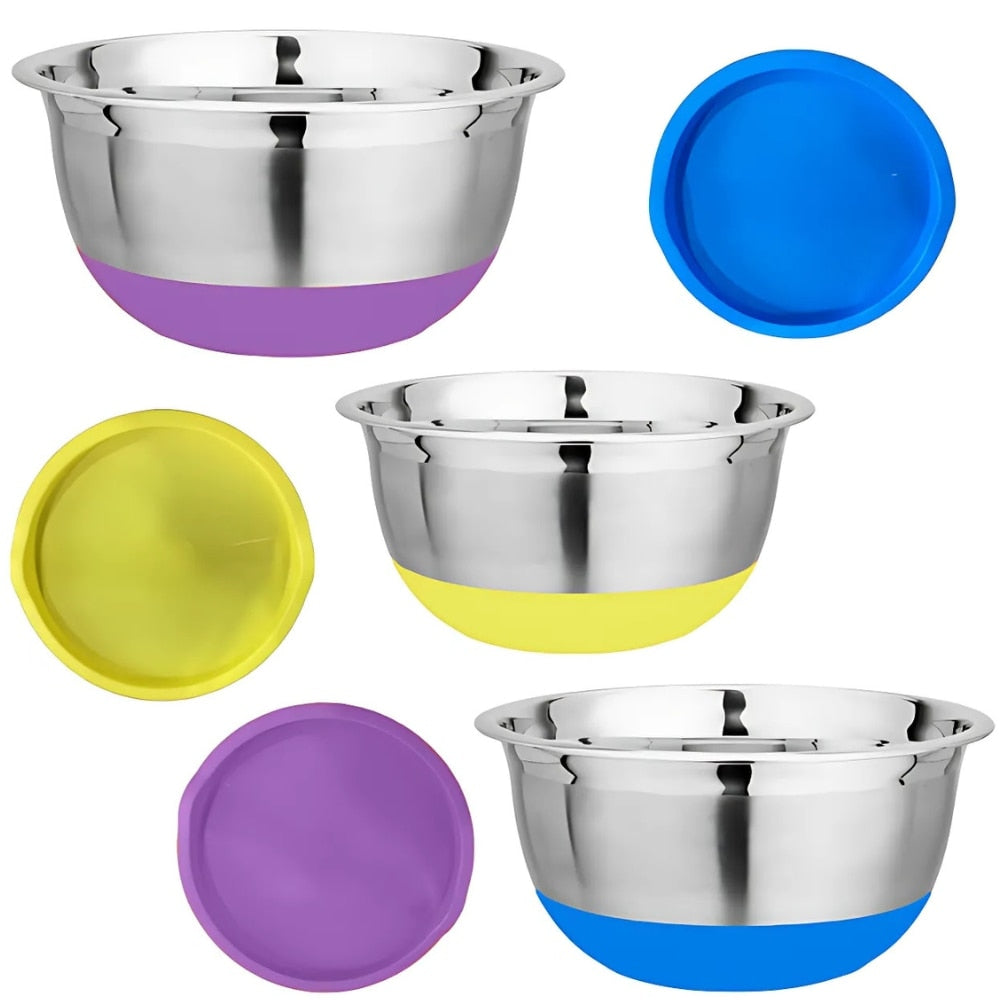 Set 3 castroane Macvi® cu capace si baza aderenta, inox + plastic, diametre 20-22-24 cm, multicolor, compatibile frigider si masina de spalat vase