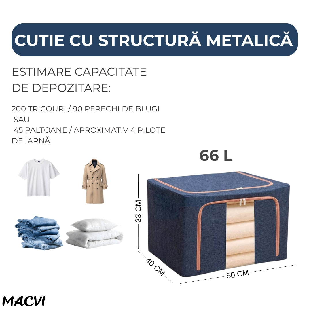 Cutie depozitare haine Macvi® 66L, organizator textil pliabil cu capac, fermoar si fereastra transparenta, boxa depozitare cu cadru metalic