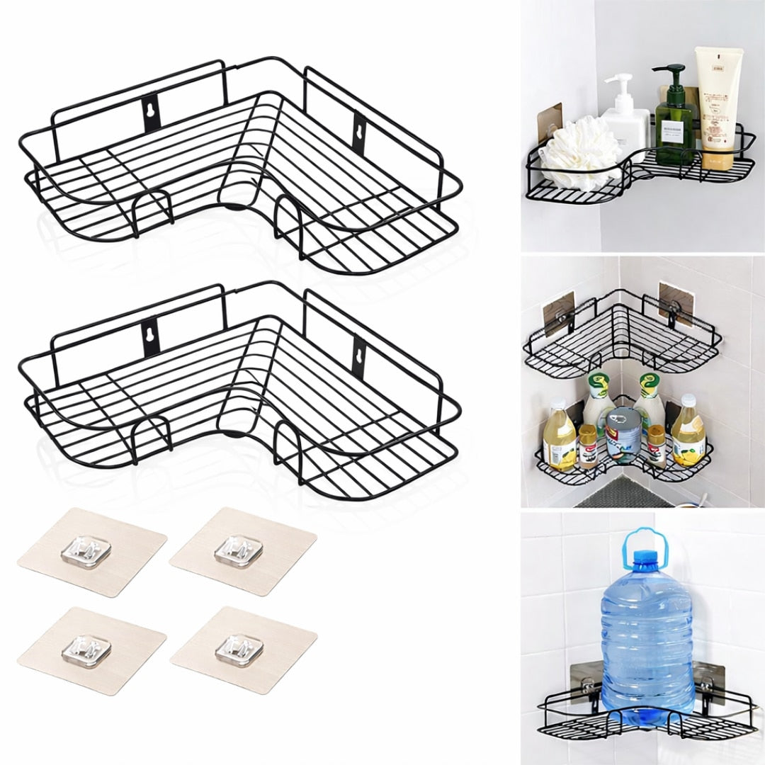 Set 2 suporturi de dus triunghiulare Macvi®, montaj pe perete, organizator baie si bucatarie, instalare usoara, depozitare practica