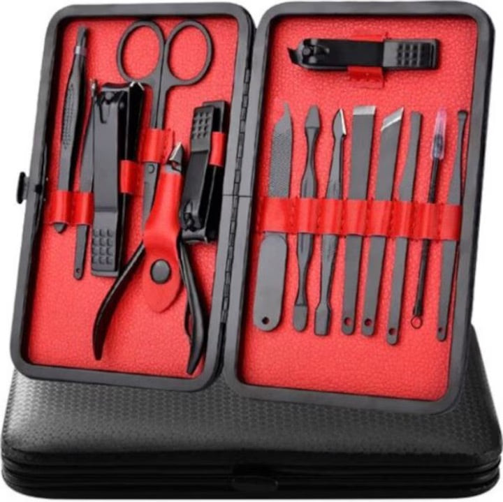 PROMO 1+1: Set manichiura, pedichiura Macvi®, 15 piese din inox, cu husa din piele, pentru ingrijirea completa a unghiilor