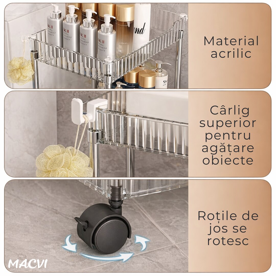 Raft depozitare Macvi® mobil cu 3 rafturi acrilice ingust cu roti pentru bucatarie baie si spatii mici 41 x 16 x 60 cm