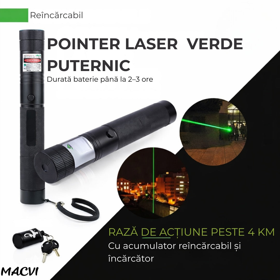 Laser Pointer Macvi® 405nm Lungime de unda, 200mW, aluminiu, negru, cu blocare pentru copii, Raza de actiune 100-500m