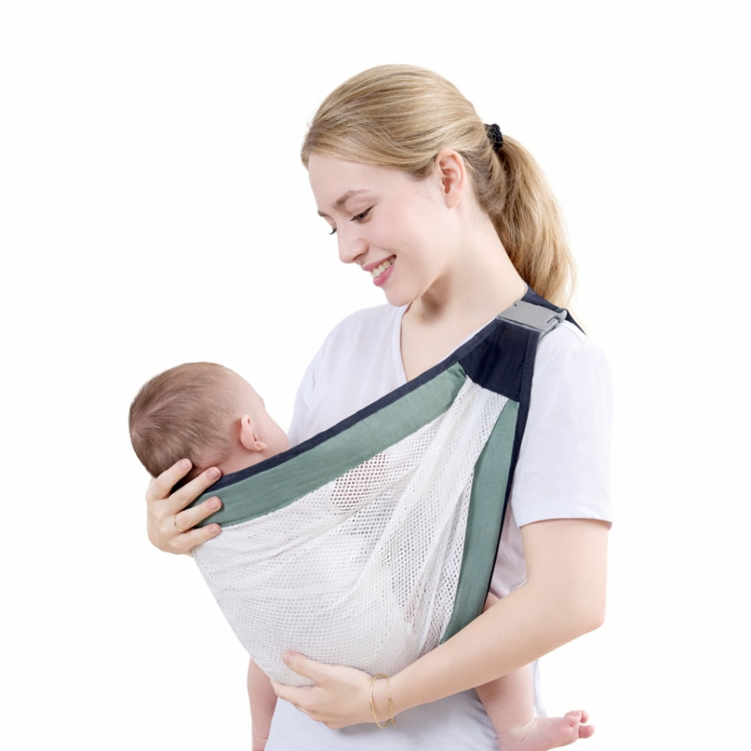 Marsupiu Pentru Bebelusi Macvi® din Textil si Plasa, Tip Sling Ergonomic Reglabil, Design in Forma de C cu Pozitie M, Material Bumbac Respirabil, Pana la 15 kg, Greutate 200 g, Culoare Verde