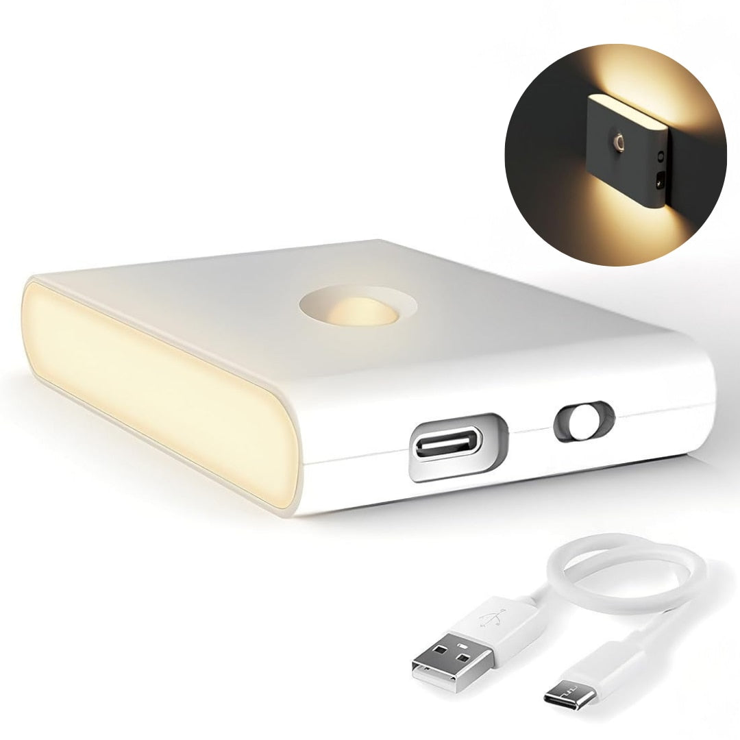 Aplica/lampa Macvi® dreptunghiulara pentru perete cu senzor de miscare si senzor crepuscular, LED 3000K cu iluminare laterala, reincarcare USB-C pentru baie, dormitor si scari
