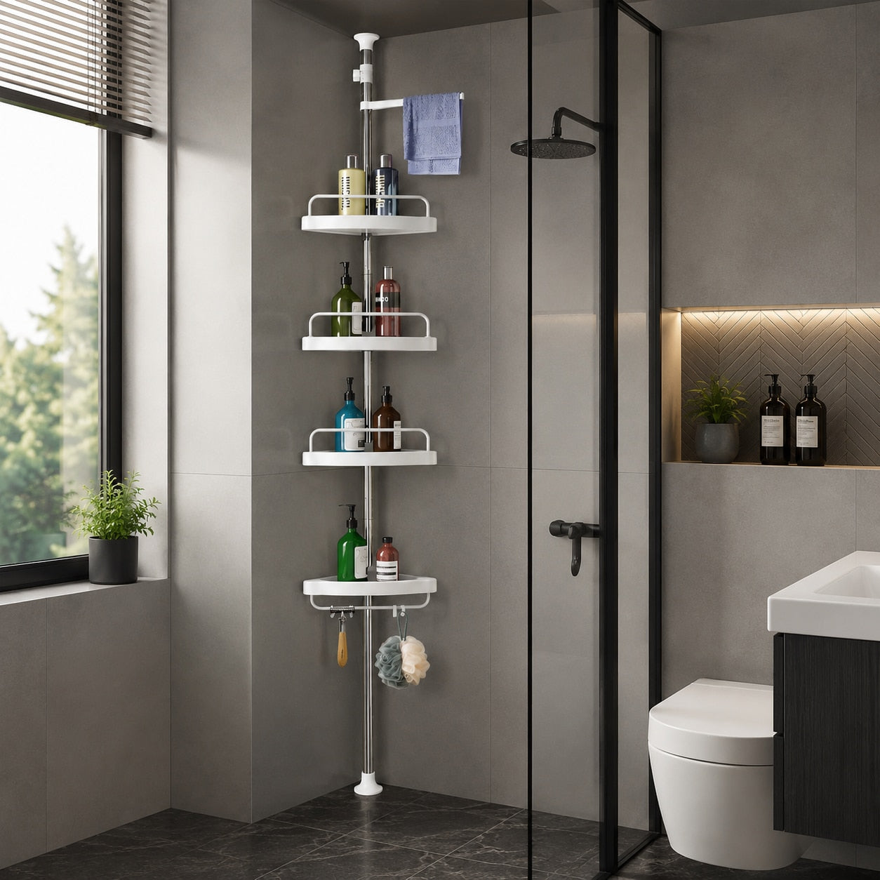 Etajera Extensibila Macvi® pentru Baie, colt, cu 4 Polite si Umeras, Tip Coltar, 3 Carlige, inaltime reglabila 100-260 cm, Talpi din silicon, Alb