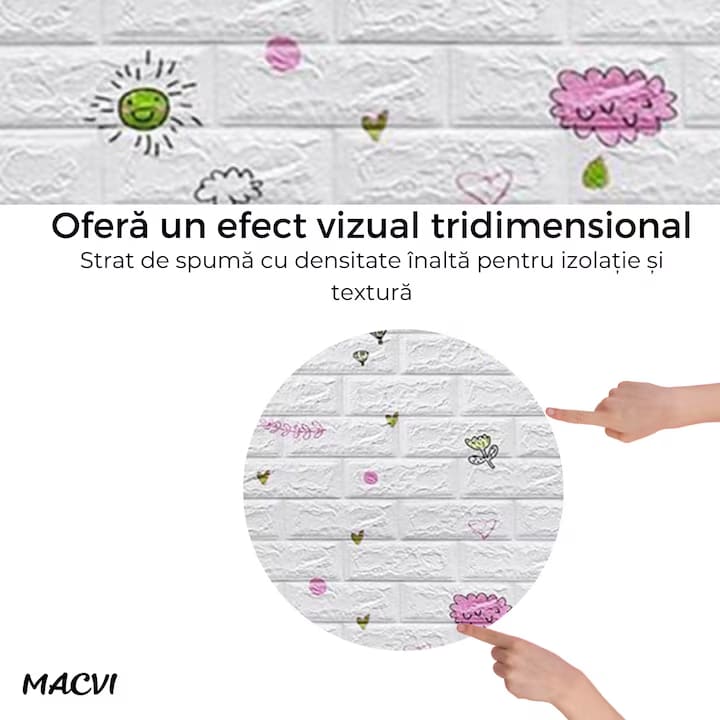 Tapet 3D Autoadeziv, Macvi®, dimensiuni 70x77, Model Caramida Balon Aer Cald, acopera 5.3 metri patrati, este rezistent la apa si ofera un design modern oricarui spatiu