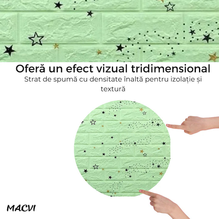 Tapet 3D Autoadeziv, Macvi®, dimensiuni 70x77, Model Caramida Stelute Verde, acopera 5.3 metri patrati, este rezistent la apa si ofera un design modern oricarui spatiu