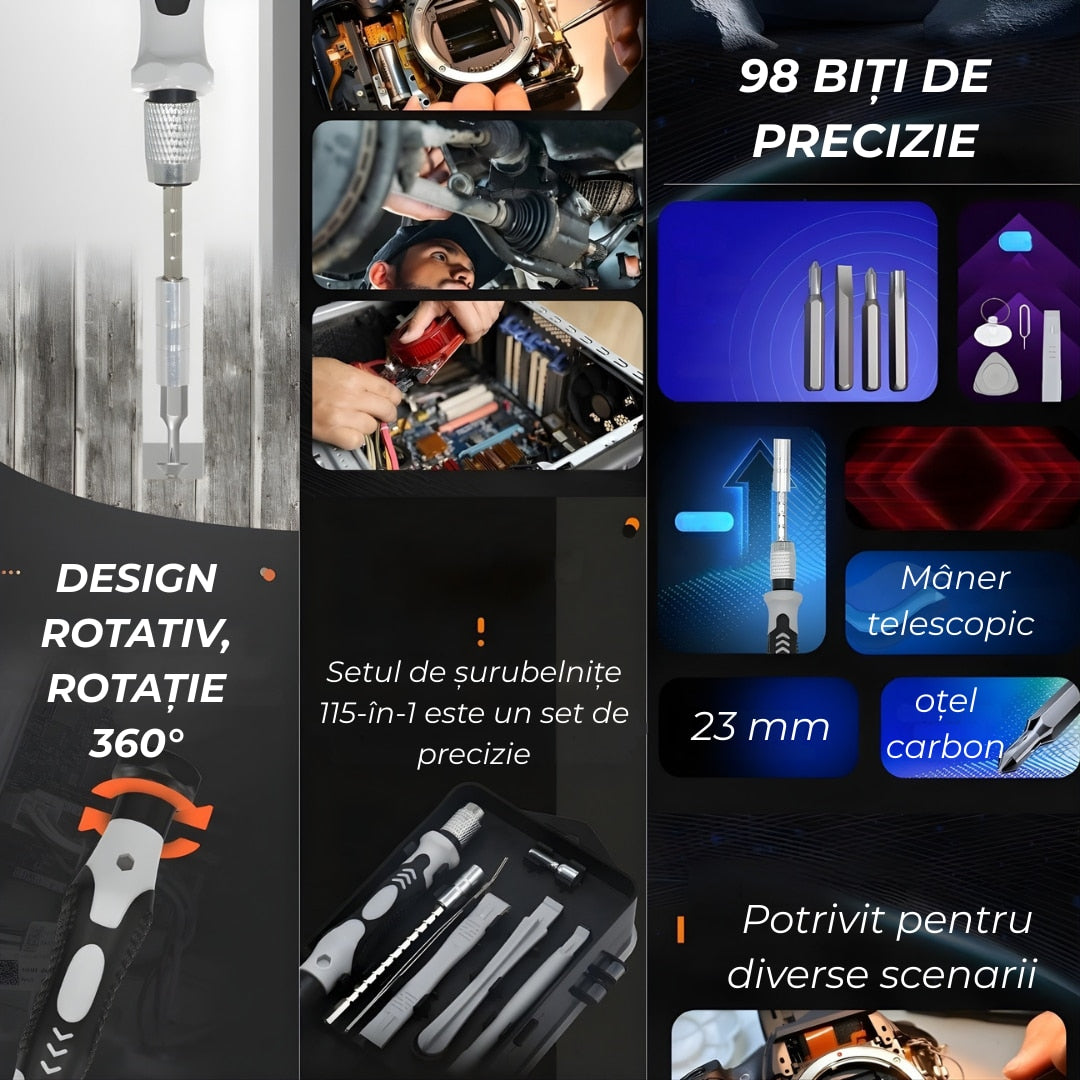 Set Surubelnite de Precizie Macvi® 115 in 1, 98 Biti Magnetici din Otel Carbon, Trusa Profesionala pentru Reparatii Telefoane, Laptopuri, Electronice, Cutie Compacta