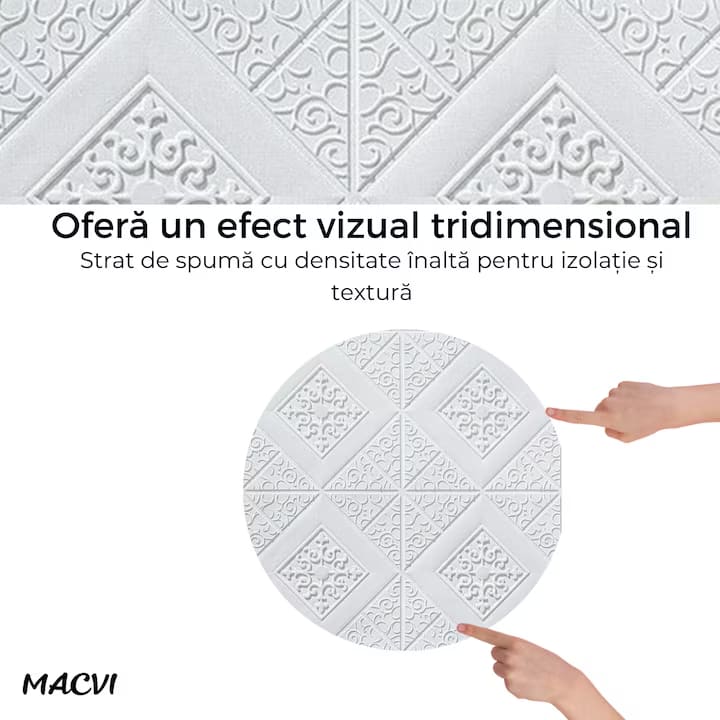 Tapet 3D Autoadeziv, Macvi®, dimensiuni 70x77,Model Abstract Alb Romb, acopera 5.3 metri patrati, este rezistent la apa si ofera un design modern oricarui spatiu