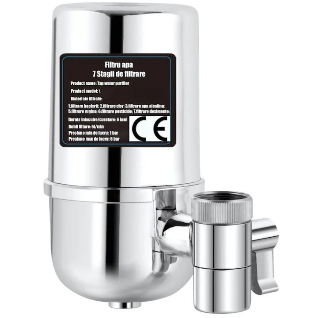 Filtru Apa Macvi® pentru Robinet, Capacitate 50.000L, 7 Etape Filtrare, Cartus Reutilizabil, Elimina Impuritati, Clor si Metale Grele, Montaj Rapid, Argintiu