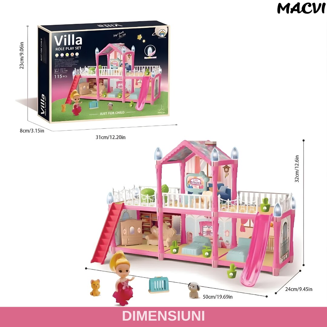 Casuta de papusi Macvi® 179 piese, 2 etaje, 6 camere, terase si scari, mobilier si accesorii incluse, cu catel si papusa, roz, model 556-73, jucarie pentru copii 3+ ani