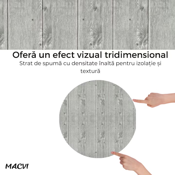 Tapet 3D Autoadeziv, Macvi®, dimensiuni 70x77, Model Panou Lemn Gri Cenusiu, acopera 5.3 metri patrati, este rezistent la apa si ofera un design modern oricarui spatiu