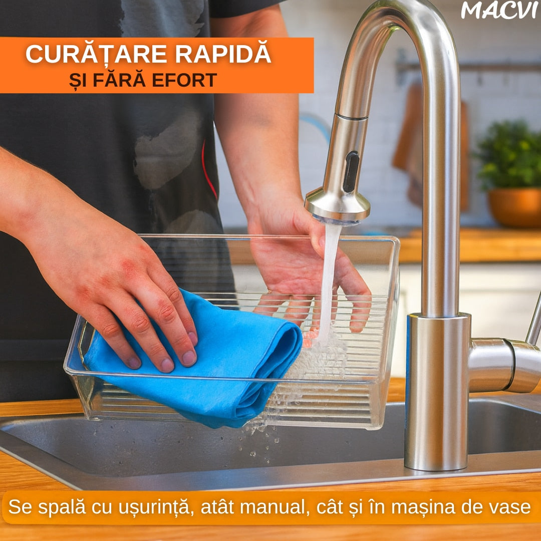 Set 4 organizatoare Macvi® pentru frigider, ABS durabil, fara BPA, stocabile, cu manere integrate, 26×15 cm, transparente