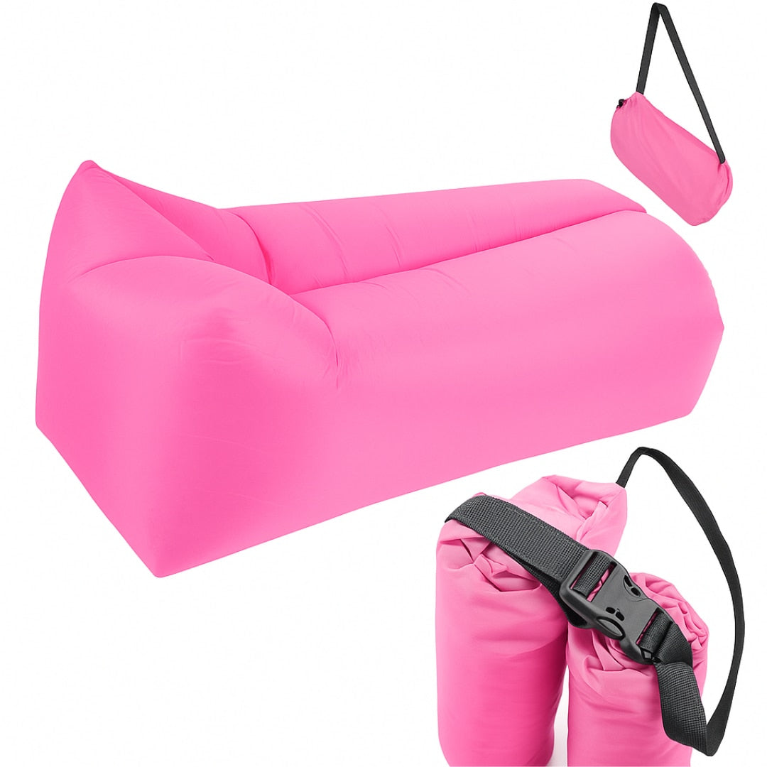 Saltea gonflabila tip sezlong Lazybag Macvi®, material rezistent, umflare fara pompa, pentru plaja/picnic/camping, rucsac de depozitare, 190 x 70 cm,roz