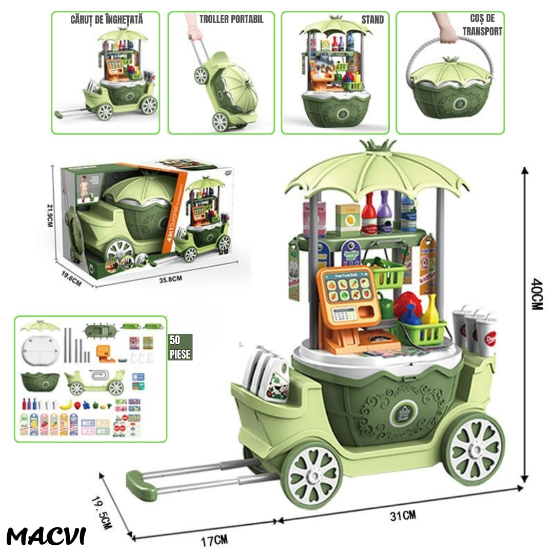 Magazin de inghetata 4 in 1 mobil Macvi®, design realist, educativ, joc de rol, stimuleaza imaginatia si creativitatea, mov, +3 ani, verde