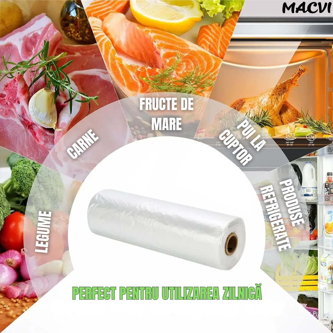 Rola Pungi Vidat Macvi® 17x500 cm Set 2 Role Folie pentru Aparat de Vidalat Compatibila Universal pentru Congelare si Sous-Vide