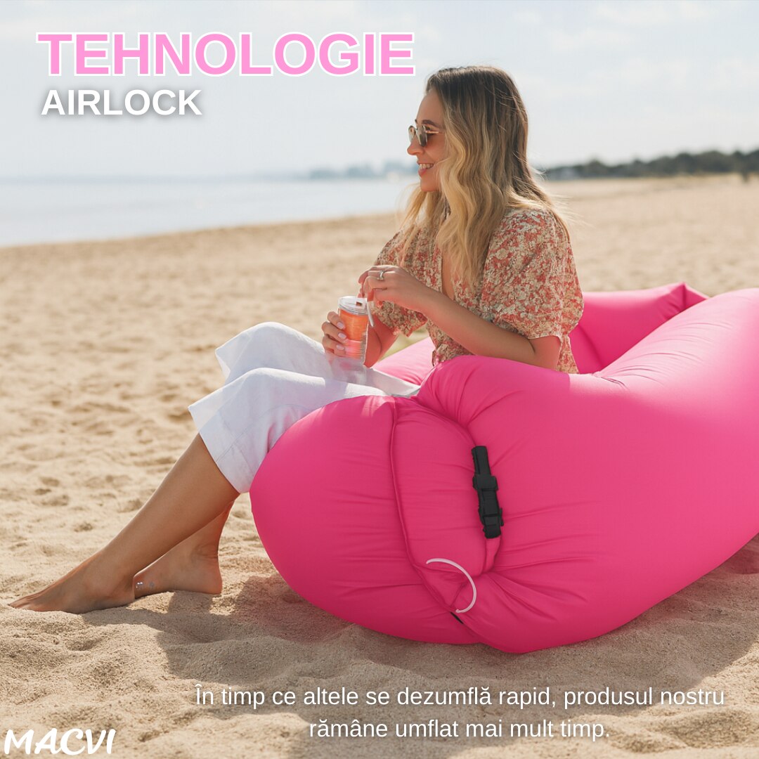 Saltea gonflabila tip sezlong Lazybag Macvi®, material rezistent, umflare fara pompa, pentru plaja/picnic/camping, rucsac de depozitare, 190 x 70 cm,roz