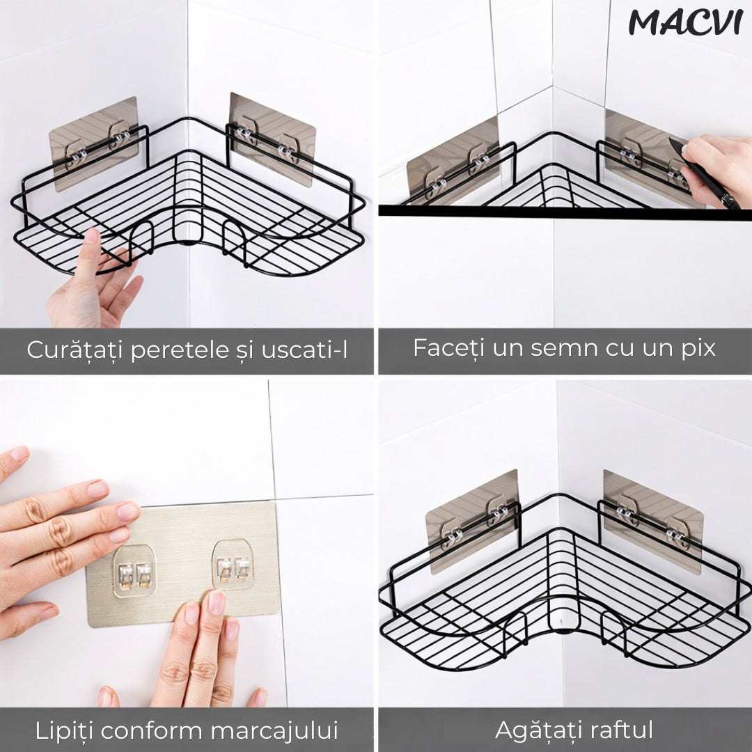 Suport de dus triunghiular Macvi®, montaj pe perete, organizator baie si bucatarie, instalare usoara, depozitare practica