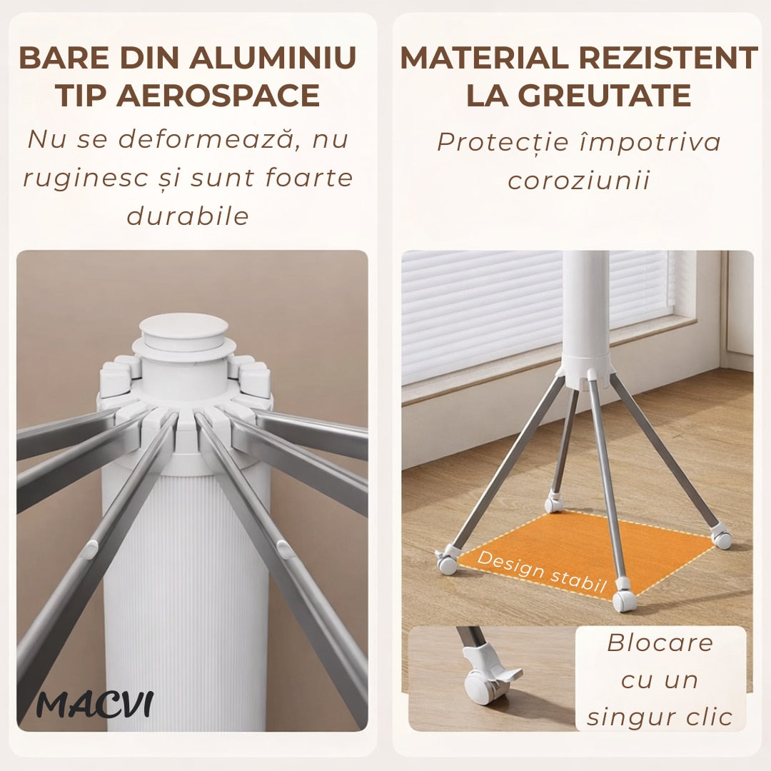 Uscator de rufe vertical Macvi®, 2 nivele, pliabil, mobil, suport umerase, 16 tije, 24 cleme, 170 cm, uscare 360°