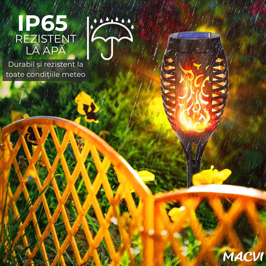 Lampa solara Macvi® 72 LED-uri cu efect flacara, baterie 1200mAh, senzor crepuscular, impermeabila, ideala pentru curte si gradina