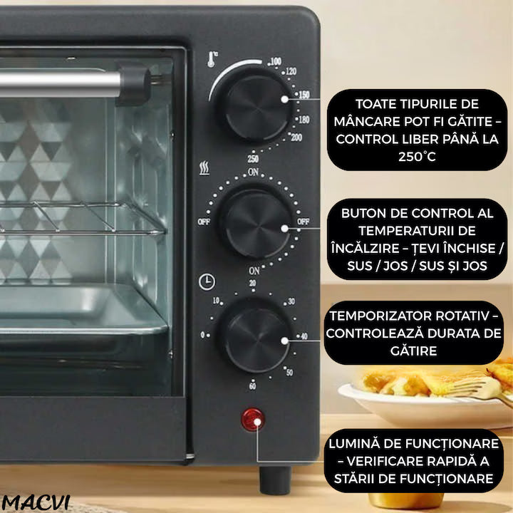 Cuptor Electric Multifunctional, Inox, Temperatura Reglabila 90–250°C, Timer 60 min, Functii Coacere, Prajire, Mentinere Cald, Accesorii Incluse