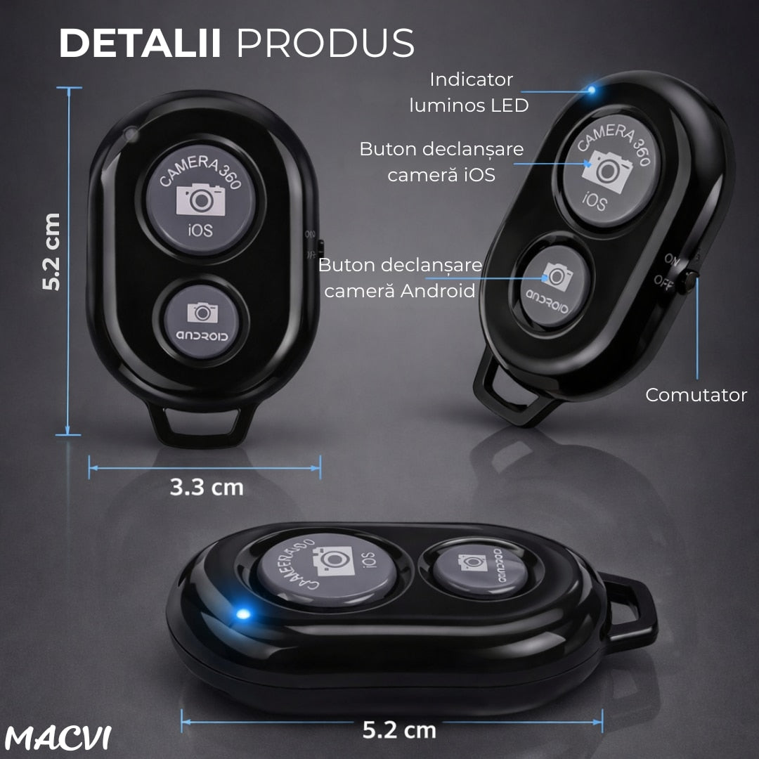 Telecomanda Selfie Macvi®, Compatibilitate Android/IOS, Bluetooth, Capturare Rapida si Usoara a Momentelor Preferate, dimensiuni compacte 5.2x3.3 cm, Negru