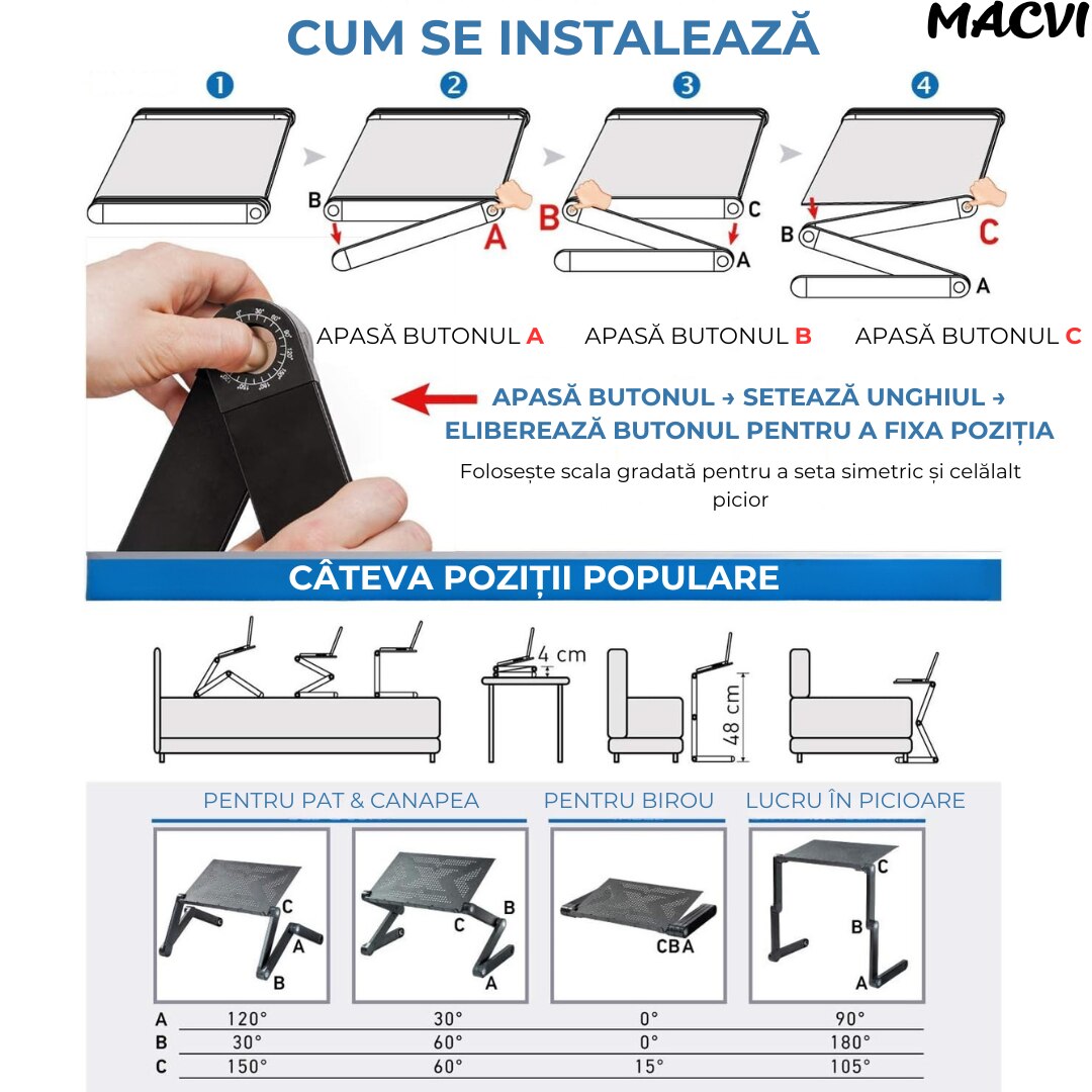 Masa Laptop Multifunctionala Macvi® T8 cu Picioare Reglabile, Cooler Integrat cu 2 Ventilatoare, 42 cm x 26 cm, Negru