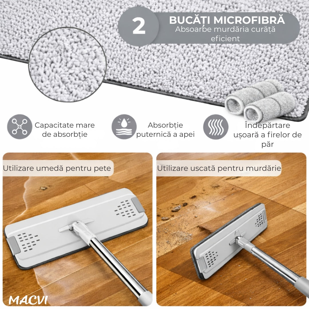 Set Mop Profesional Macvi® cu Galeata 5.7 L, Functie Autostoarcere, Cap Rotativ 360°, Maner Metalic, 121x 33x12 cm Pentru Toate Tipurile de Podele, Alb