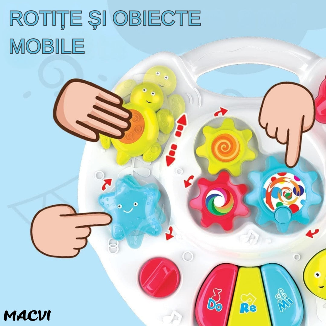 Masa de activitati muzicale 2in1 Macvi®, pentru bebelusi, cu pian, lumini si sunete, detasabila, prindere pentru patut, alb-albastru