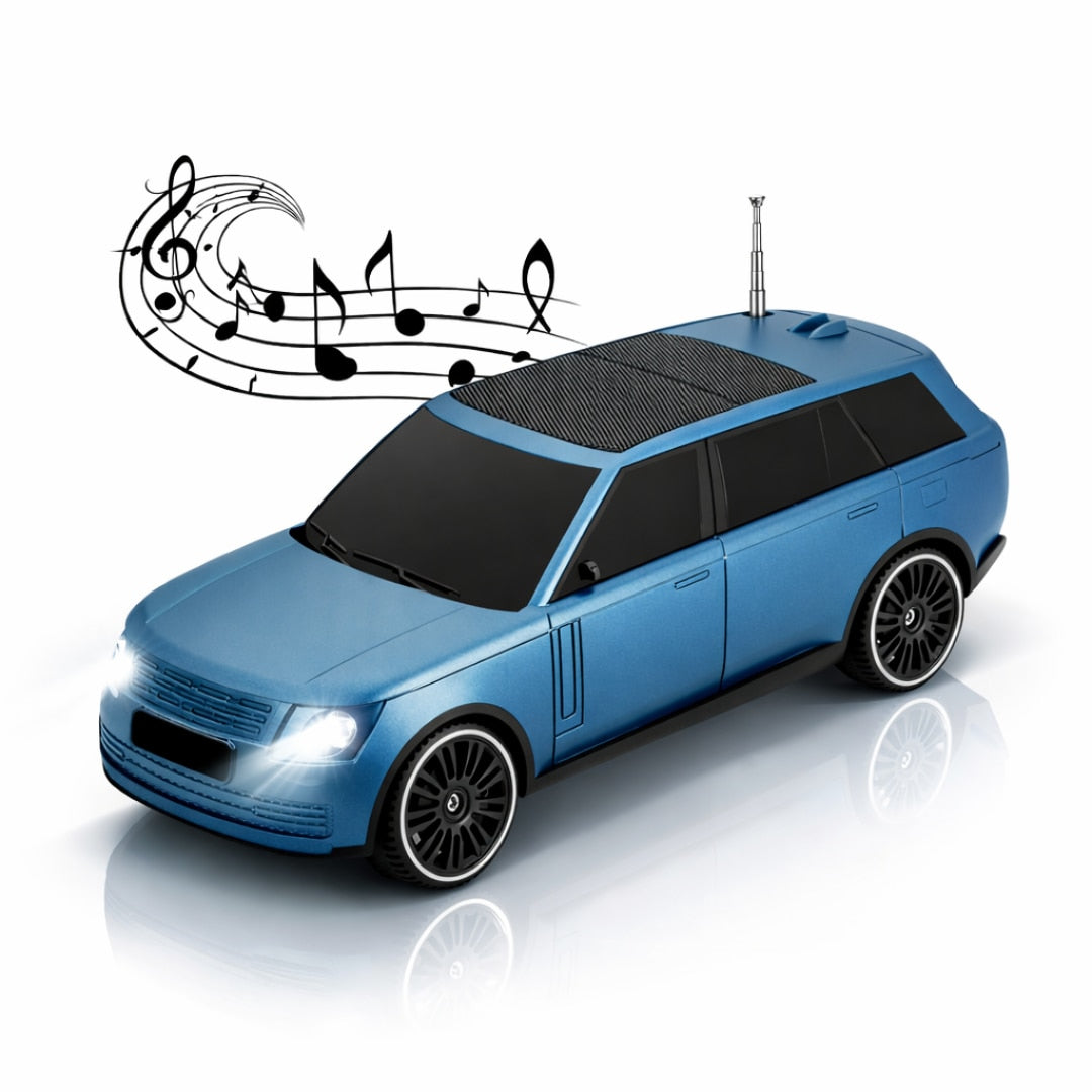 Boxa Portabila Macvi®, Bluetooth 5.0 cu design de masina, faruri luminate, incarcare usb si panou solar, functie suport pentru telefon, negru
