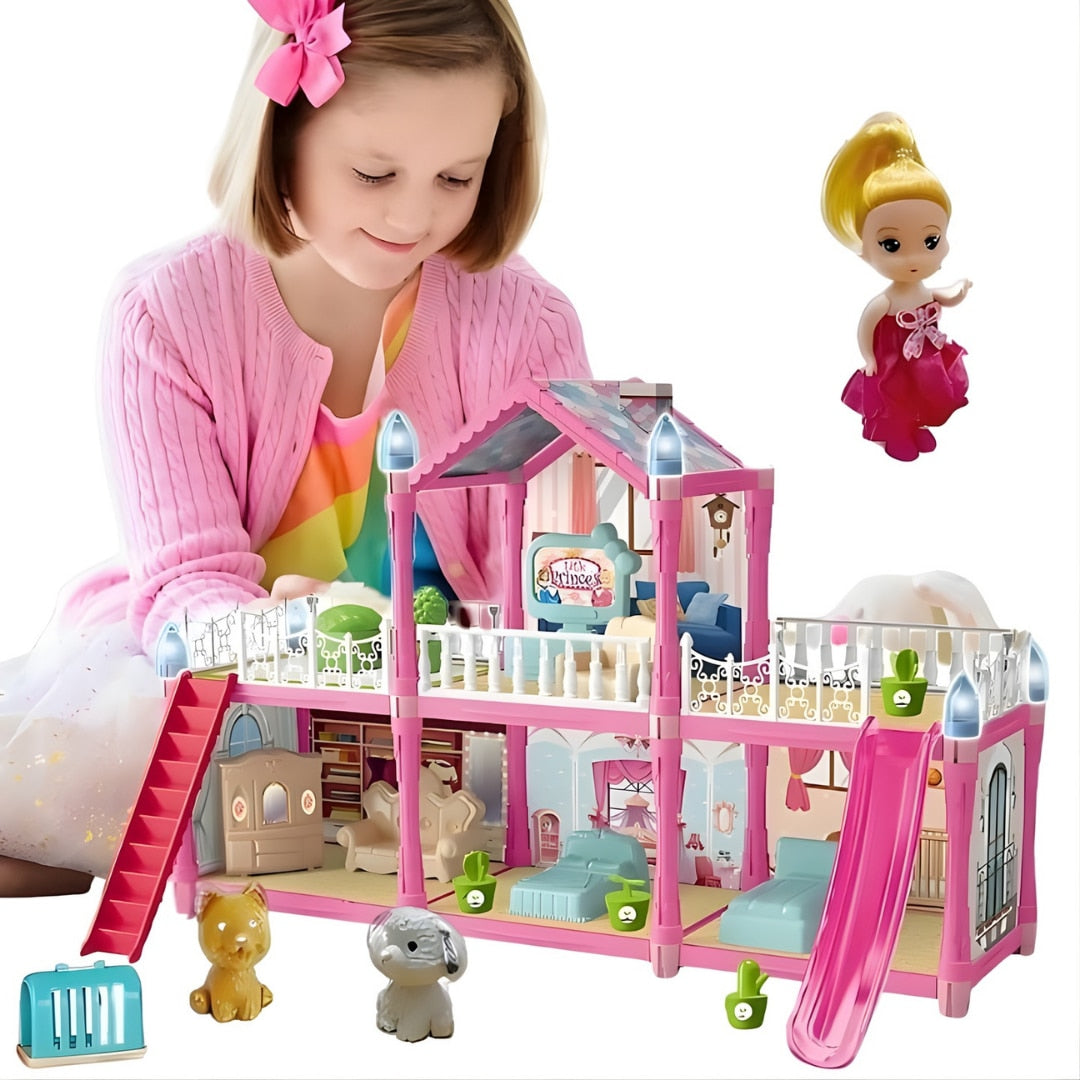 Casuta de papusi Macvi® 179 piese, 2 etaje, 6 camere, terase si scari, mobilier si accesorii incluse, cu catel si papusa, roz, model 556-73, jucarie pentru copii 3+ ani