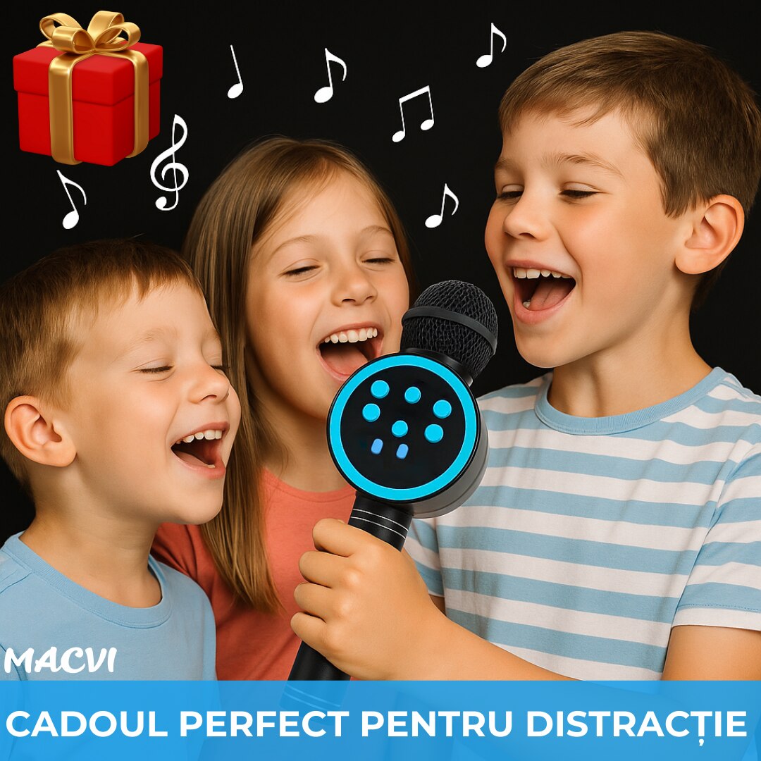 Microfon Karaoke Wireless Macvi® cu Boxa si Bluetooth V11, Portabil, Difuzor Profesional, Baterie Integrata,, Albastru