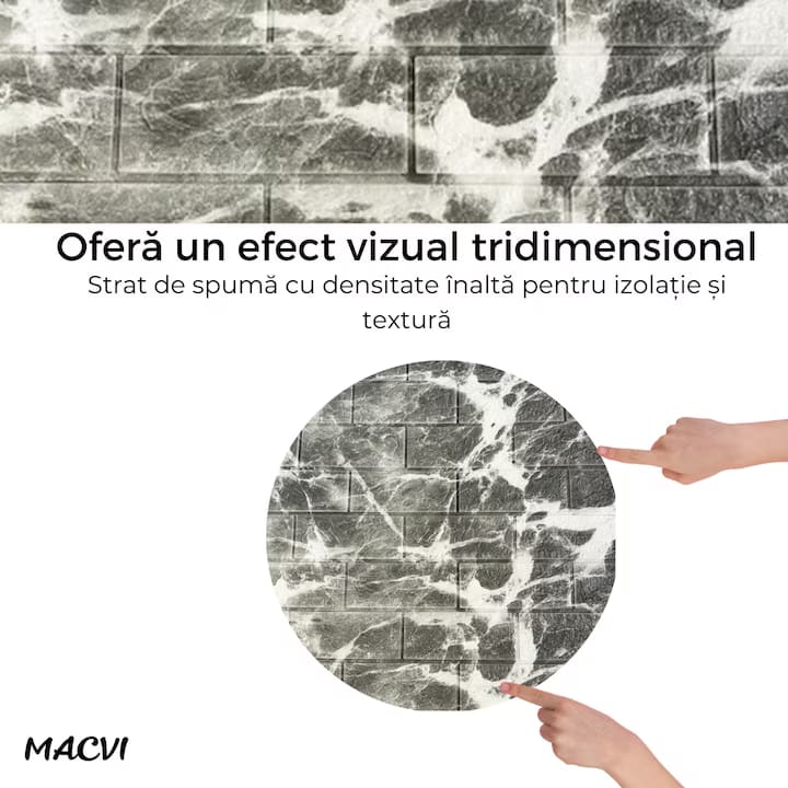 Tapet 3D Autoadeziv, Macvi®, dimensiuni 70x77,Model Caramida Piatra Gri Deschis, acopera 5.3 metri patrati, este rezistent la apa si ofera un design modern oricarui spatiu