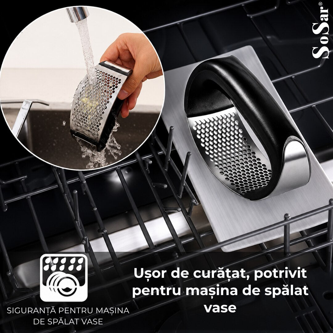 Zdrobitor de usturoi Macvi®, presa manuala din Otel Inoxidabil 304 Curatare Usoara Maner Ergonomic Antiderapant Include Tub de Silicon si Perie de Curatare Rezistent la Rugina 10, 9 x 7, 6 cm