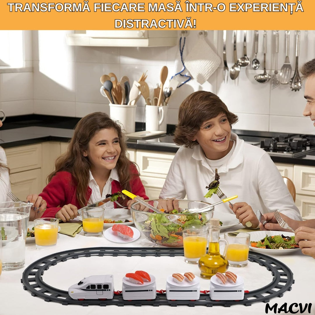 Set trenulet Macvi® pe cale ferata cu farfurii pentru servire Sushi, locomotiva electrica, 3 vagoane, 6 tavite si 12 sine, 197 cm
