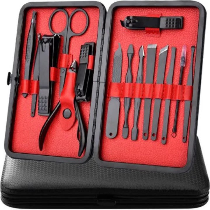 PROMO 1+1: Set manichiura, pedichiura Macvi®, 15 piese din inox, cu husa din piele, pentru ingrijirea completa a unghiilor