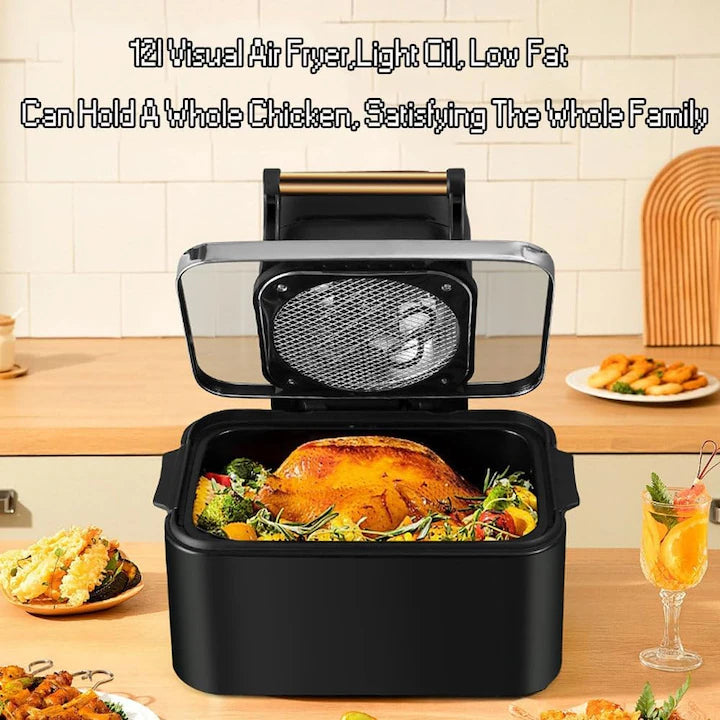 Friteuza cu aer cald digitala 3 in 1 Macvi® fara ulei 12 L 1700W control touch 11 programe LED negru auriu