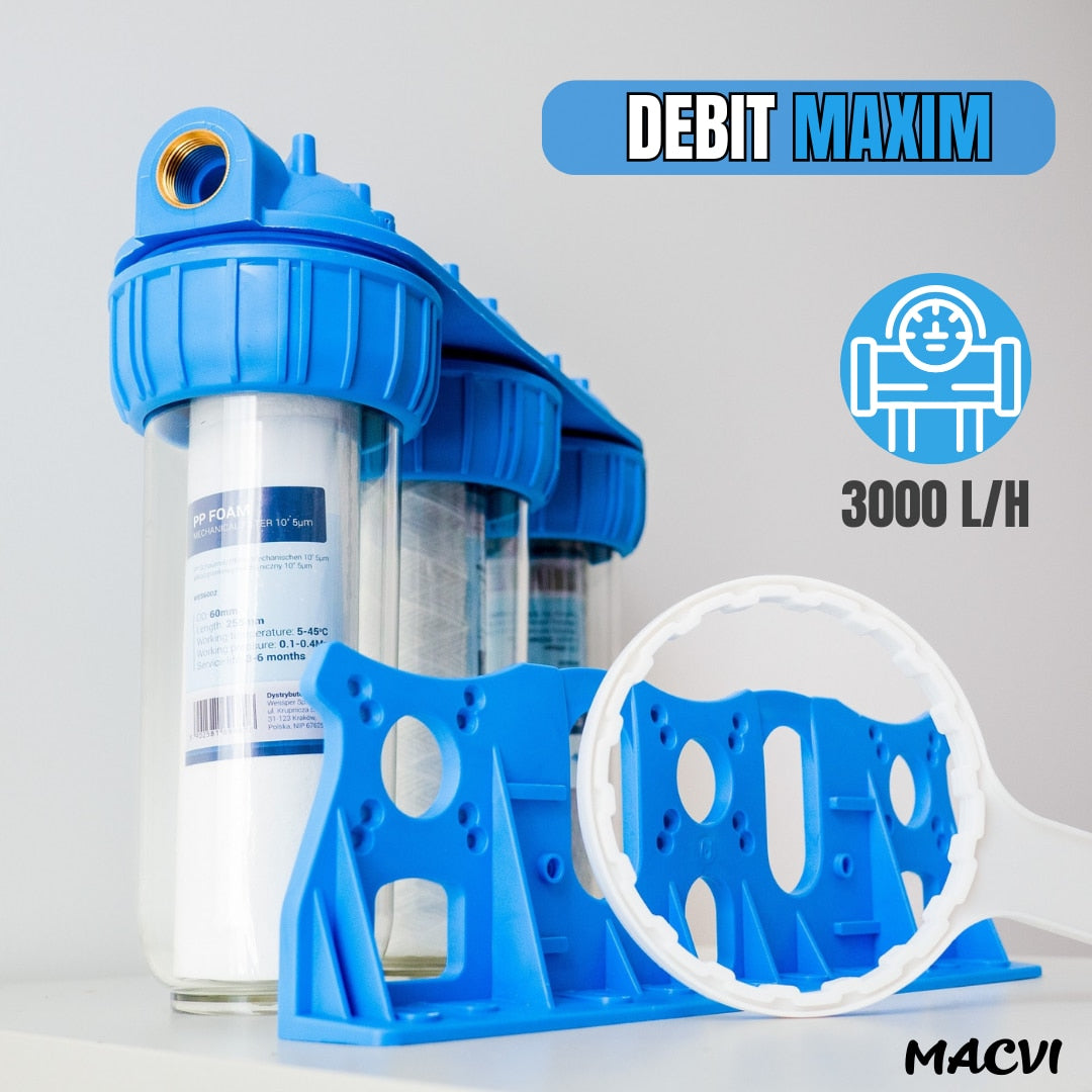 Sistem de Filtrare Apa Macvi® Triplu 3/4", 3 Trepte cu Carbon Activ, Bumbac si Sita, Microfiltrare 5 Microni, 34.5 cm, Alb/Albastru