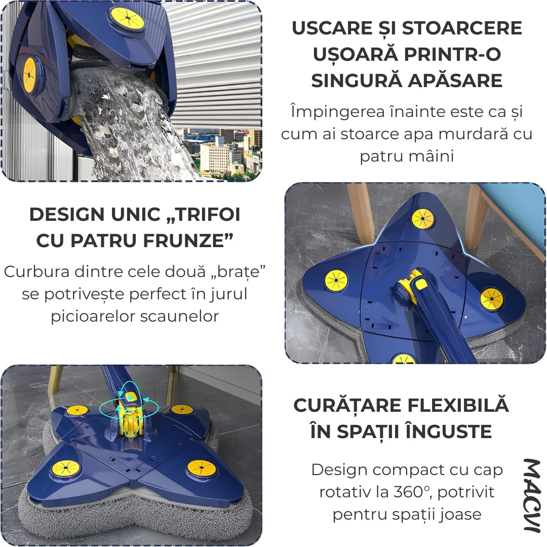 Mop cu Cap Stea Macvi® 360° Telescopic Curatare Usoara, 2 lavete Microfibra, Lungime 123 cm, Albastru/Galben