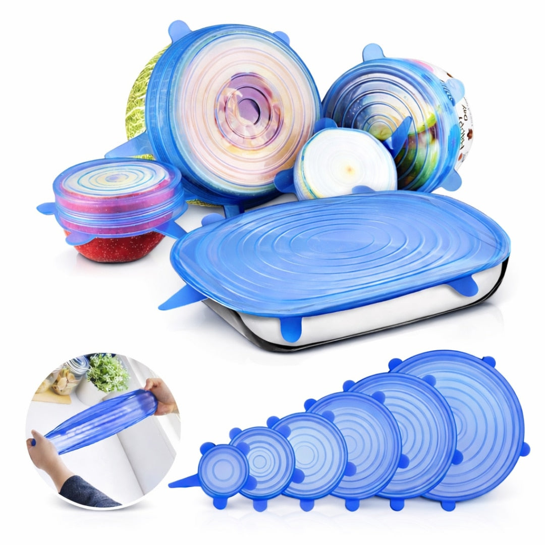Set 6 Capace din Silicon Flexibil Macvi® Reutilizabile, Etanse, pentru Pastrarea Alimentelor, Albastru si Transparent