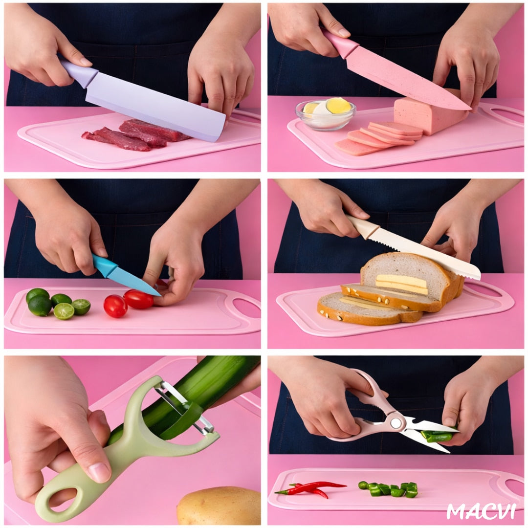 Set cutite bucatarie Macvi® 7 piese, otel inoxidabil, foarfece, curatator legume, tocator inclus, pentru carne, fructe si legume