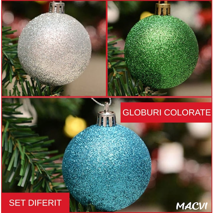 Set Brad de Craciun Artificial Macvi®, 1.8 m cu Suport Metalic si Set Complet Decoratiuni Instalatie multicolor 100 LED-uri de 4 m, Ramuri Bogate, Aspect Natural