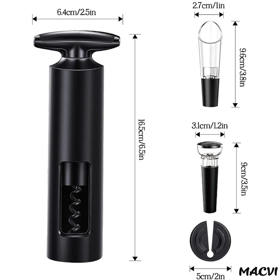 Set deschizator Macvi® 2-in-1 pentru vin, tirbuson profesional cu taietor folie, dop vacuum si aerator, design ergonomic, argintiu