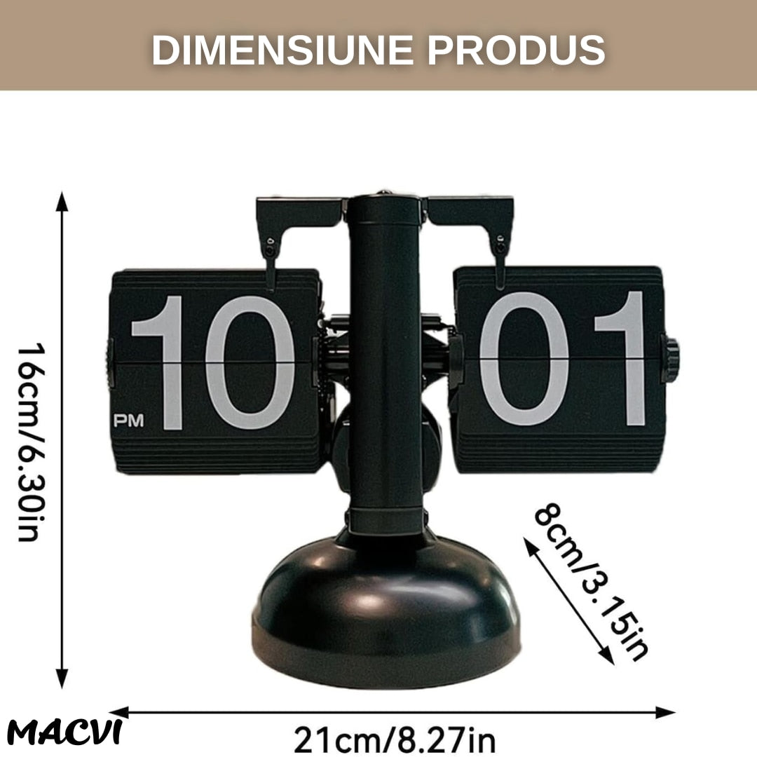 Ceas flip Macvi® retro, numere mari, din otel inoxidabil, alimentat cu baterii, decor pentru living, negru clasic, design vintage, suport de metal