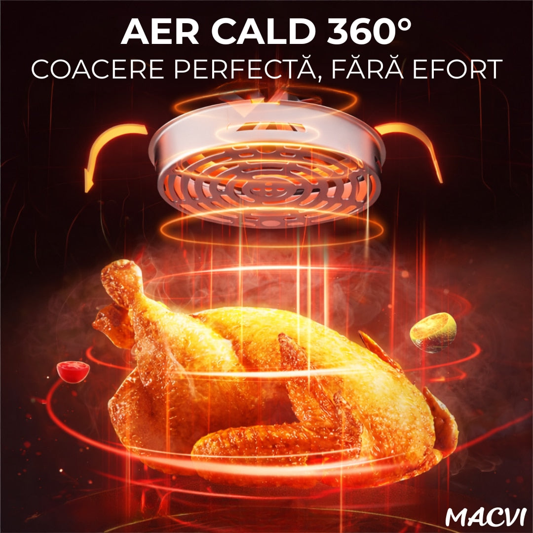 Friteuza cu aer cald Macvi®, 3 in 1, 1700W, capacitate 12L, digitala, fara ulei, control touch, 11 programe, display LED, timer, protectie supraincalzire, negru-auriu