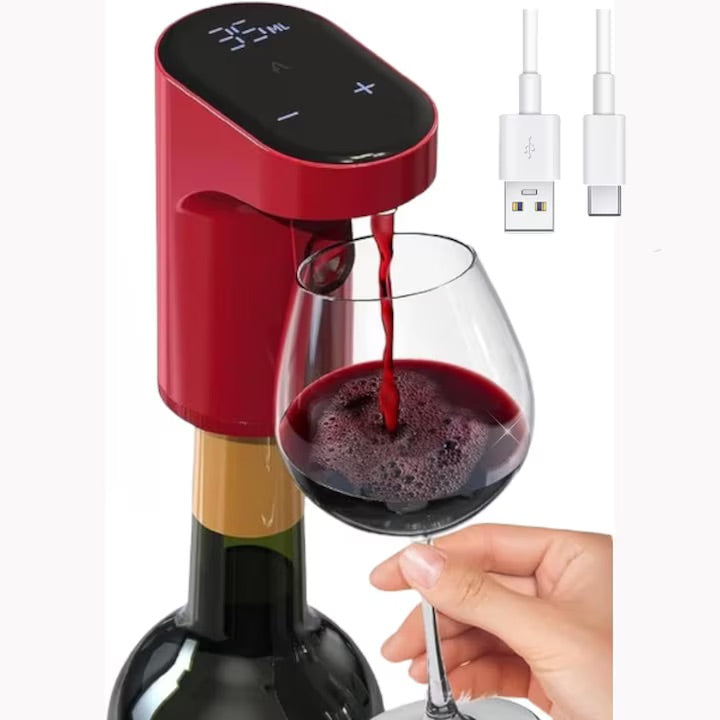 Aerator electric pentru vin si alte lichide cu dozare automata ecran tactil si incarcare USB Type-C, Rosu