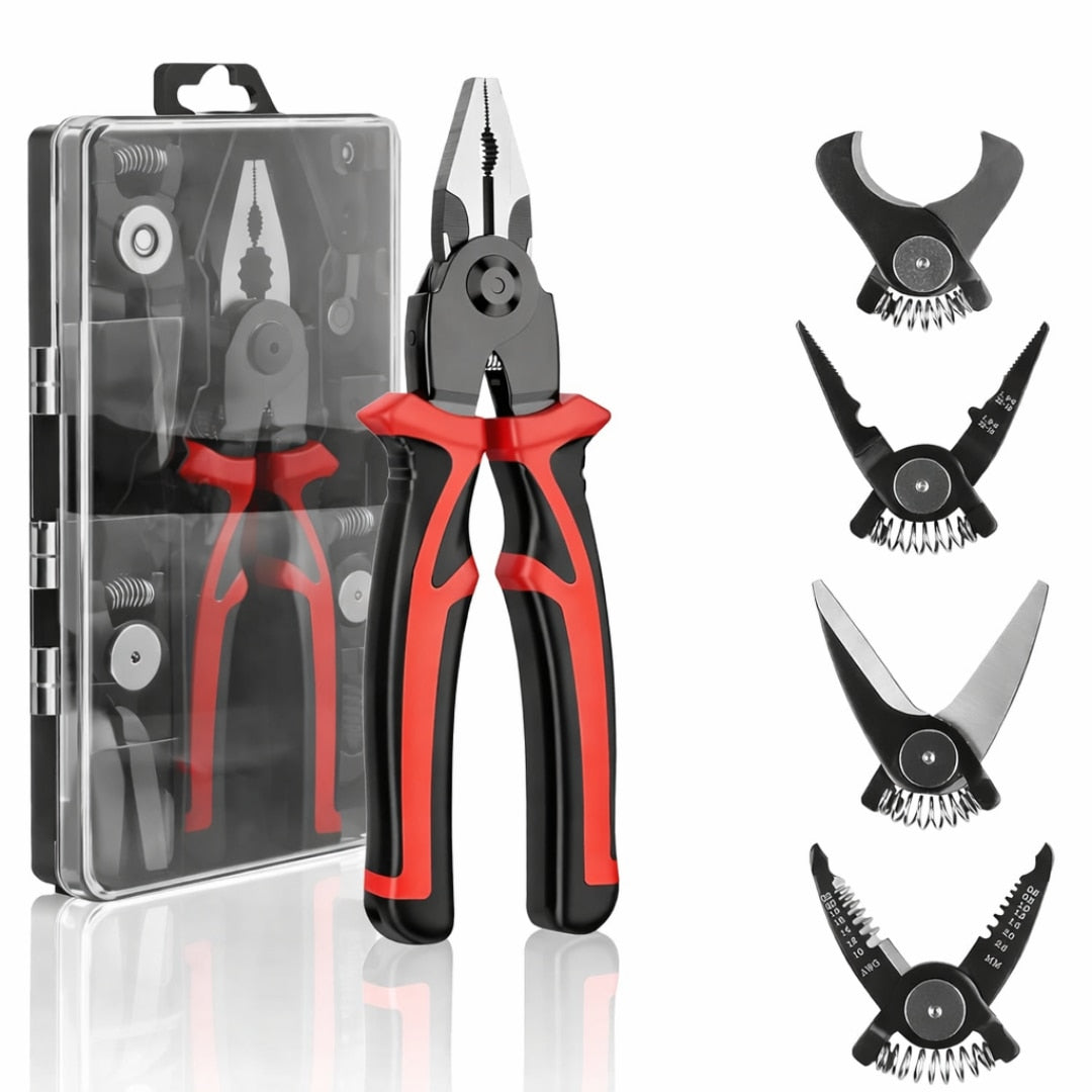 Set 5 in 1 patent multifunctional Macvi®, din otel, taietor cablu, dezizolator, cleste, sertizare, taietor, foarfeca, cu husa de depozitare, maner anticurentare si design ergonomic