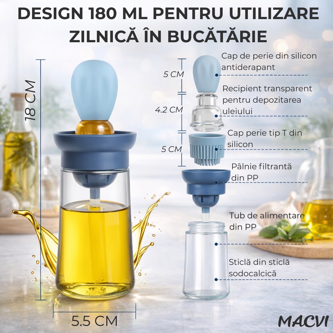 Sticla pentru ulei Macvi® cu pensula din silicon, scala precisa, rezistenta la caldura, usor de curatat, ideala pentru gatit, copt si grill, Multicolor