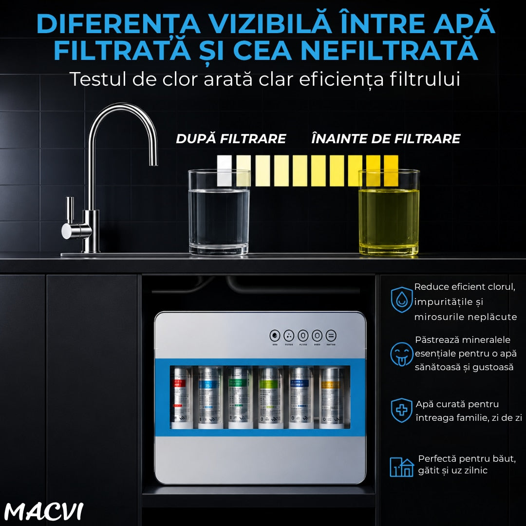 Filtru de apa alcalinizat Macvi® Hybrid 6 trepte de filtrare, curatare manuala, 0.01 microni, capacitate 8000L, debit 2.5L/min, montaj sub chiuveta, 483 x 330 mm